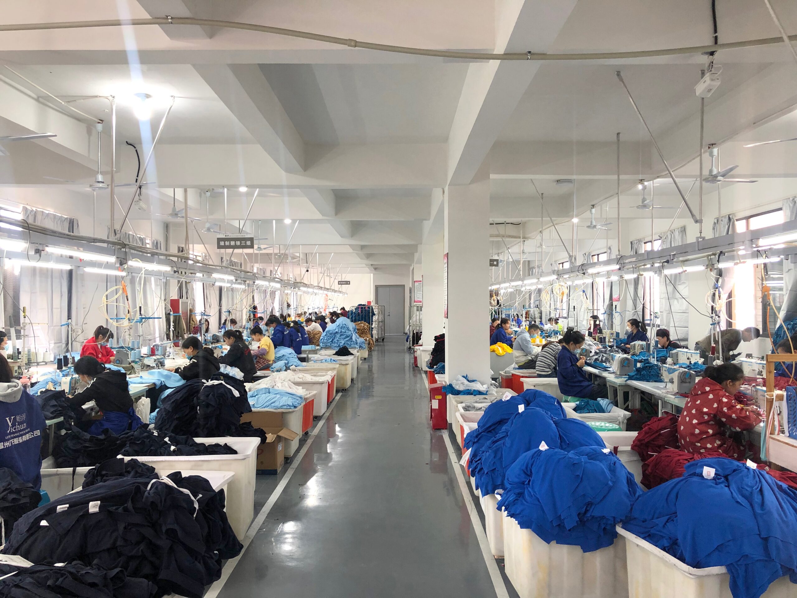 Garmentown garment manufacturing facility in China -- production lines with over 300 skilled workers producing T-shirts, polo shirts, hoodies and sweatpants