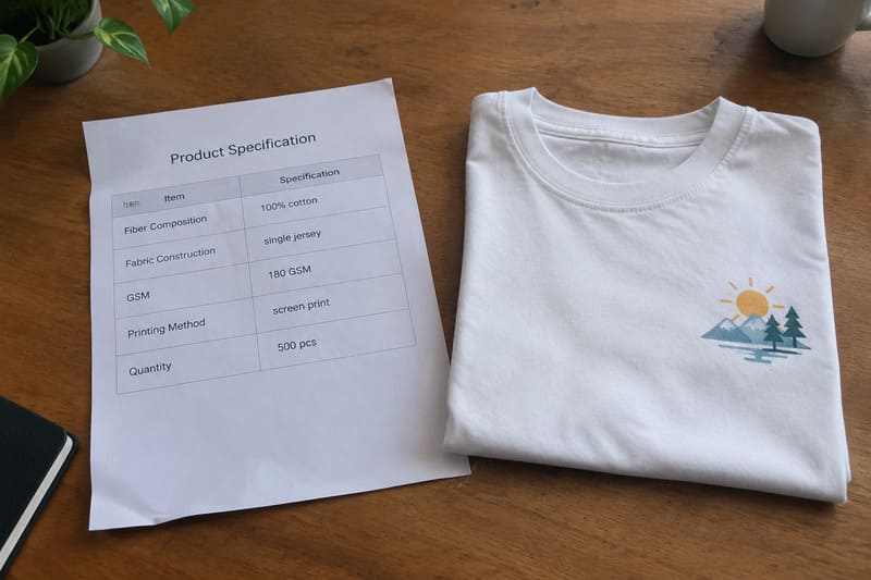 procurement tech sheet listing jersey and T-shirt specifications for a factory