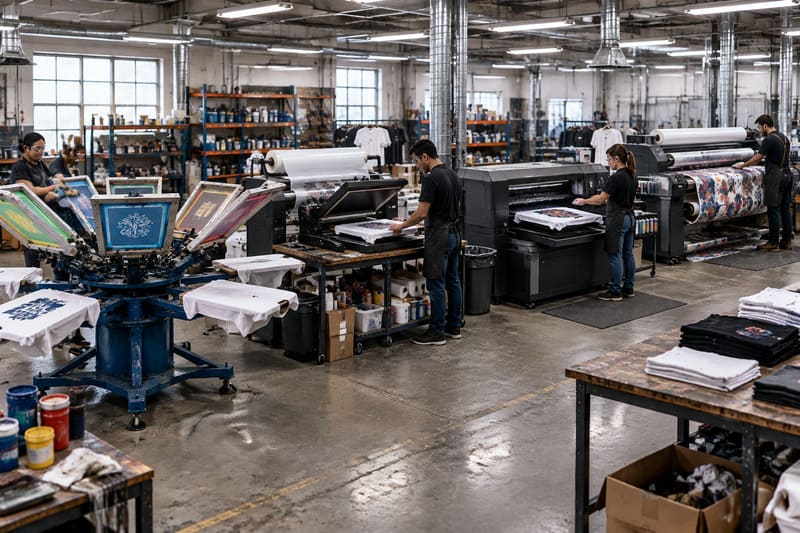 Four types of T-shirt printing machines working in a garment factory