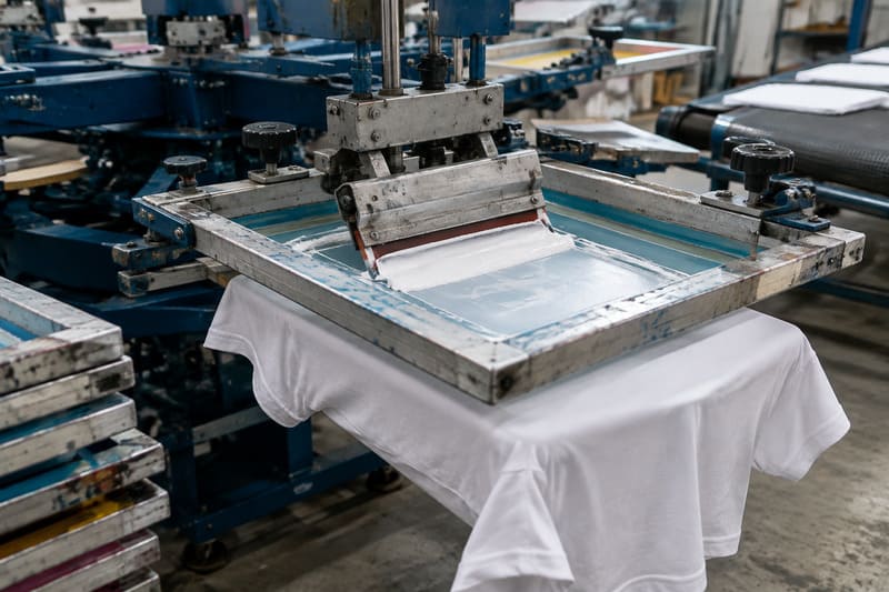 Screen printing machine applying ink layers on a T-shirt