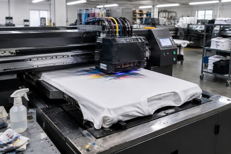 DTG machine printing a full-color design directly onto a finished T-shirt