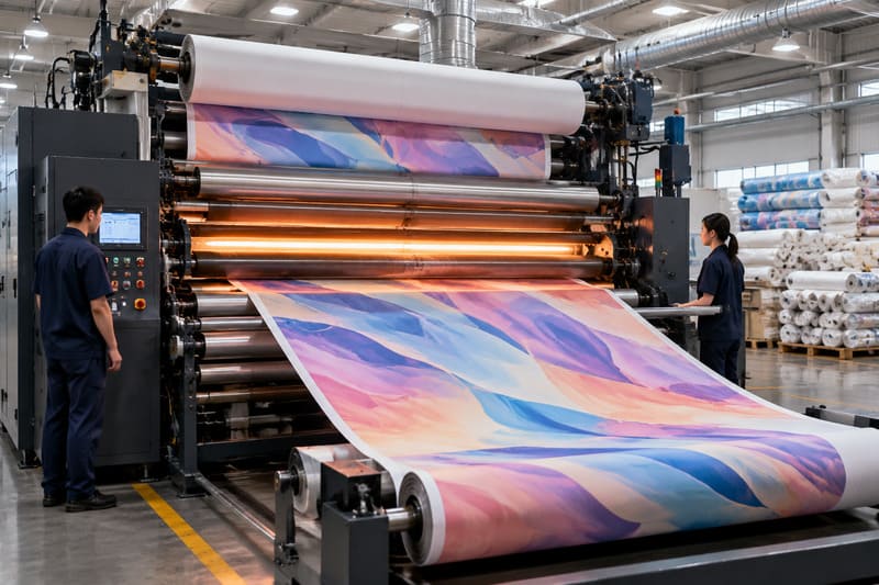 Large sublimation printing machine transferring all-over designs onto rolls of fabric