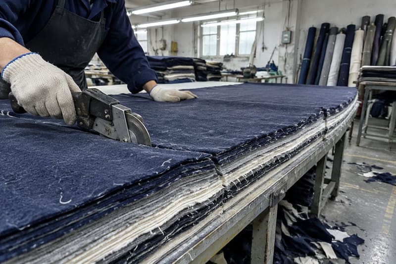 Fabric cutting table with layered material in a garment factory