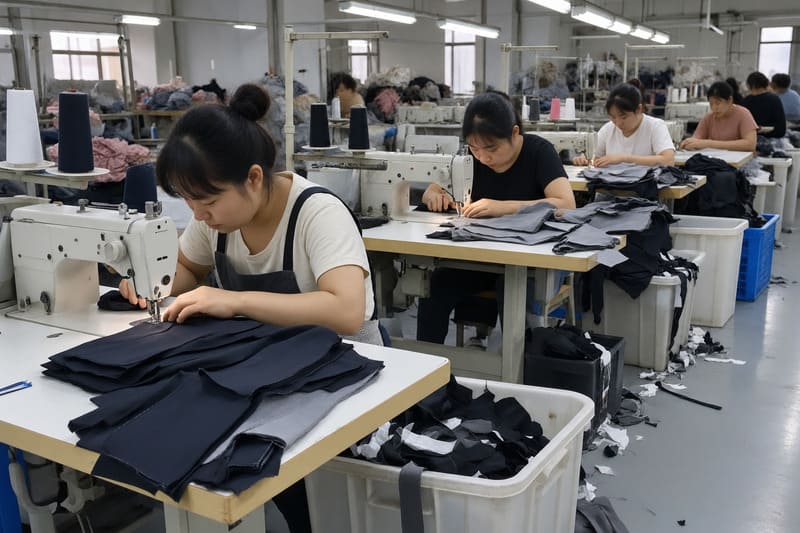 Sewing line assembling garment panels with industrial machines