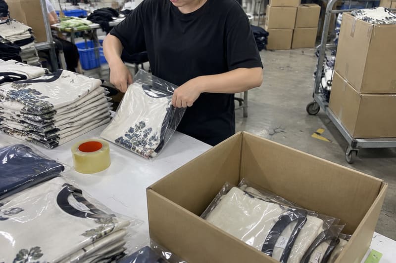 Clothing factory supply chain connecting fabric trims printing embroidery and packaging suppliers
